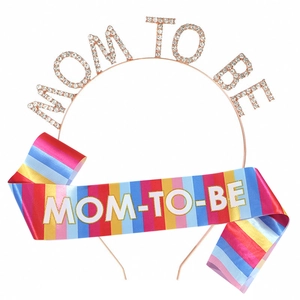 Rainbow Mom To Be sash and rose gold rhinestone headband set for baby shower party