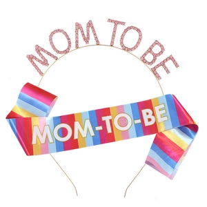 Rainbow Mom To Be sash and pink rhinestone headband set for baby shower party decoration