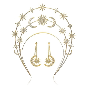 Detailed view of golden celestial crown and matching star moon tassel earrings set