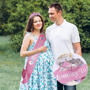 Pink glitter Mommy To Be sash and tiara set for baby shower party decorations