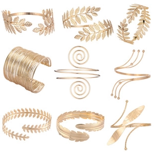 Detailed set of 9 adjustable golden upper arm cuffs with Greek laurel and spiral designs