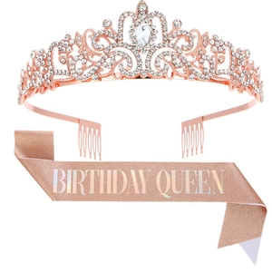 Rose gold birthday queen set featuring crystal crown tiara and glitter fabric sash