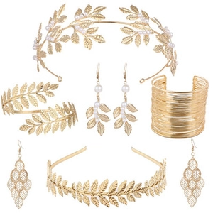 Detail of bohemian gold leaf bridal set with olive crown, earrings and cuff bracelet