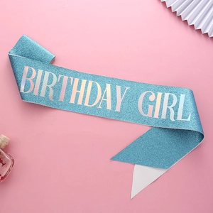 Blue glitter sash with holographic Birthday Girl text for women's birthday party