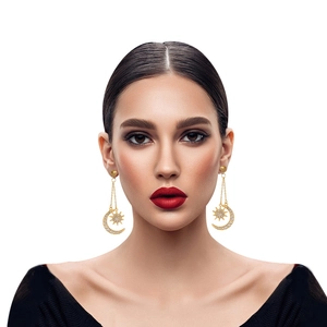 Elegant gold celestial moon and star drop earrings with sparkling rhinestones for weddings