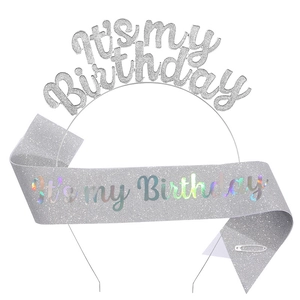 Close-up of glittery birthday headband and sash set with It's my Birthday text