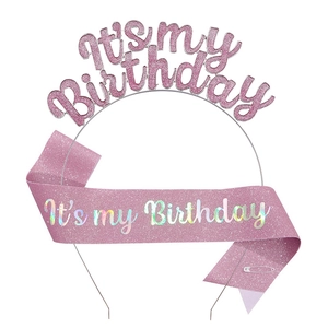 Pink glitter 'It's my Birthday' headband and sash set for birthday party decorations