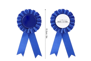 Blue award ribbon front and back view showing 15.5cm height and pleated satin detail