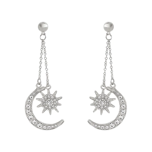 Bohemian silver star and moon dangle earrings with sparkling rhinestones and long chains