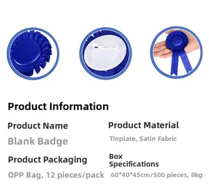 Detailed view of blue satin ribbon tinplate badge with safety pin for DIY customization
