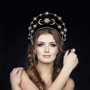 Golden sun star and moon goddess crown headband for boho party or wedding costume