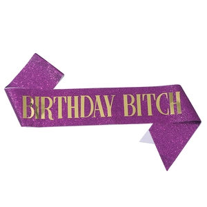 Purple glitter Birthday Bitch sash with elegant gold foil lettering for party celebrations