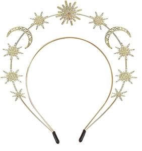 Detail of celestial gold headband with star and crescent moon textured metal design