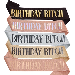 Set of 5 glitter birthday sashes in gold, silver, rose gold and black with bold text