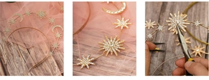 Macro detail showing manual assembly of gold star and moon rhinestone headpiece