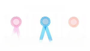 Detailed view of satin rosette ribbons in pink, lake blue, and champagne colors