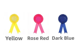 Detailed view of yellow, magenta, and navy blue rosette ribbons with satin finish