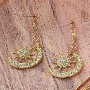 Bohemian gold star and moon long tassel earrings with sparkling crystals for weddings
