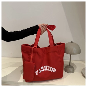 Red Oxford cloth tote bag with fashion lettering and matching mini zipper pouch accessory