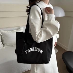 Large black Oxford cloth tote bag with FASHION print and matching pouch for women