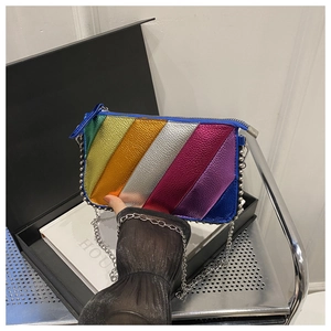 Détails du sac bandoulière arc-en-ciel avec texture litchi et bordure de perles argentées
