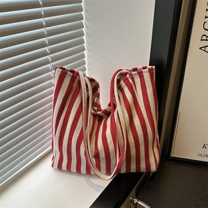 Women Large Capacity Striped Nylon Tote Bag Simple Artistic Shoulder Bag Casual Shopping Underarm Bag For Daily Outing