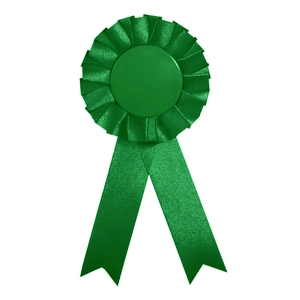 Front view of a vibrant green satin award ribbon with ruffled pleats and twin dovetail tails