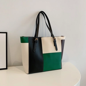 Women Large Capacity PU Leather Color Block Tote Bag Spliced Contrast Stitching Shoulder Bag For Office Commute Daily