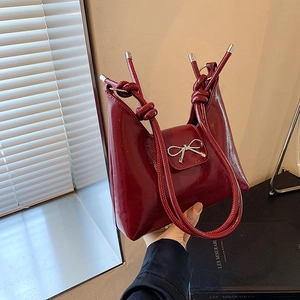 Fashion Bowknot Decor PU Leather Shoulder Bag For Women Glossy Underarm Bag Korean Style Solid Color Crossbody Handbag