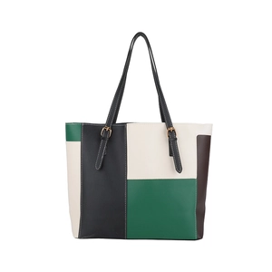 Retro patchwork colorblock tote bag with large capacity and gold buckles for women