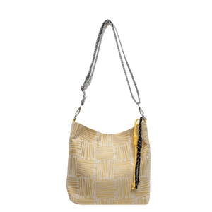 Large yellow checkered canvas tote bag with woven straps and decorative knot detail