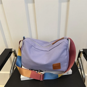 Large Capacity Canvas Shoulder Bag For Women Casual Crossbody Tote Purse With Contrast Rainbow Wide Strap Minimalist Design
