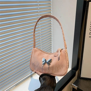 Women Ruched Underarm Shoulder Bag With Metal Butterfly Decor Fashion PU Leather Baguette Bag Casual Y2K Style Handbag