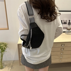 Fashionable black crossbody chest bag with rhinestones and pearl zipper detail