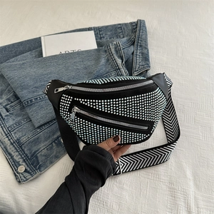 Fashion Shiny Rhinestone Waist Bag For Women PU Leather Chest Bag With Wide Chevron Strap Trendy Crossbody Shoulder Bag
