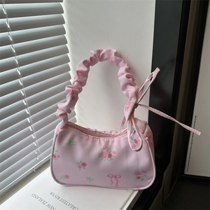 Sac Sous le Bras en Nylon à Imprimé Floral Doux pour Femme Bandoulière Froncée Sac Hobo avec Motif de Rose et Nœud