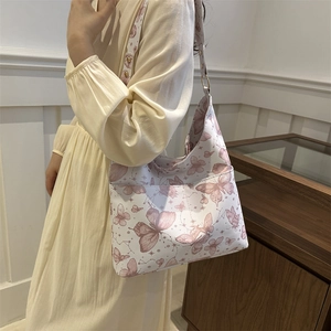 Korean style hobo tote bag with pink butterfly prints and front pocket for women