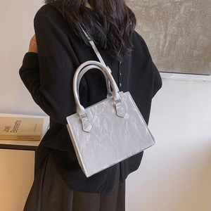 Silver PU leather shoulder bag with pleated texture and square structure for women