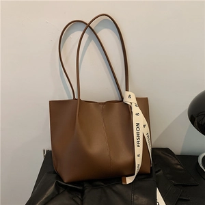 Vintage Textured PU Leather Large Capacity Tote Bag For Women Fashion Ribbon Shoulder Bag Casual Commuter Handbag