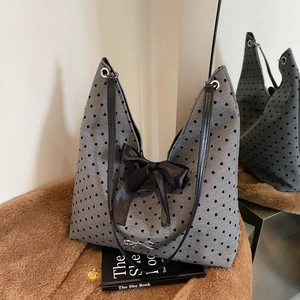 Women Korean Style Heart Polka Dot Print Large Capacity Tote Bag With Large Bow And Silver Pendant Nylon Shoulder Bag