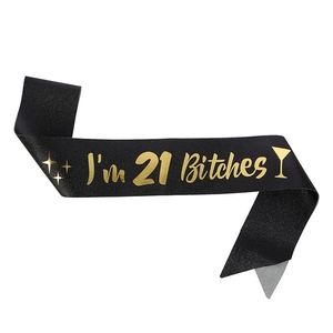 Black 21st birthday sash with gold lettering I'm 21 Bitches and festive martini icons