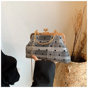 Detail of vintage kiss-lock handbag with polka dot lace mesh and gold chain strap