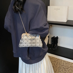 Vintage shell chain bag with grey plaid and black polka dots for street fashion style