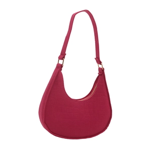 Magenta crescent shoulder bag with crocodile texture and golden metal rings