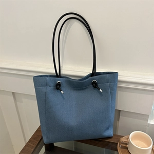 Sac Fourre-Tout Femme Simple Urbain Texture Denim PU Sac à Épaule avec Doubles Sangles en Corde Noeud Sac à Main Minimaliste