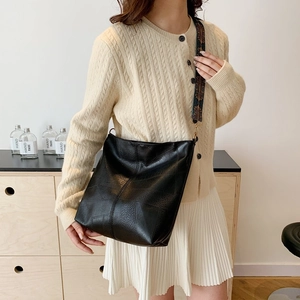 Retro black leather tote bag with vintage embroidered wide strap and gold hardware
