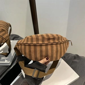 Women Vintage Striped Nylon Crossbody Bag Casual Corduroy Texture Chest Waist Pack Adjustable Strap Travel Shoulder Bag