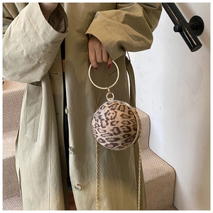 Detailed view of leopard print spherical handbag with golden ring handle and chain