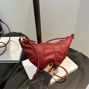 Women PU Leather Croissant Shoulder Bag Minimalist Half Moon Quilted Crossbody Bag with Knot Strap Fashion Hobo Underarm Bag