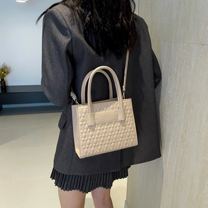 Chic quilted beige crossbody bag with geometric diamond pattern for daily commute